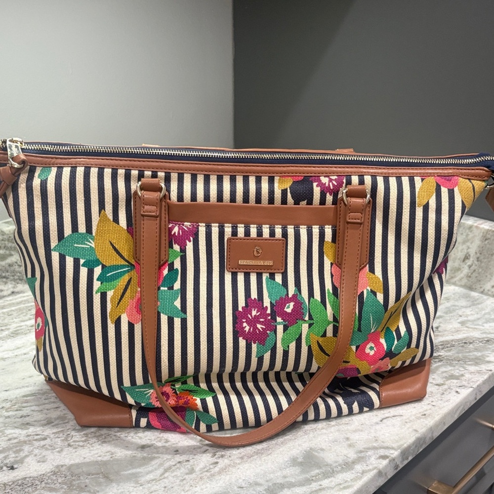 Spartina 449 Floral Stripe Tote - Navy and Tan
